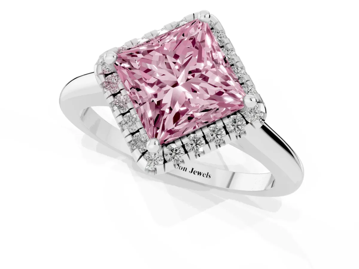 Fancy Pink Princess Cut Halo Round Diamond Solitaire Engagement Ring with Pave Band and Four-Prong Setting Platinum