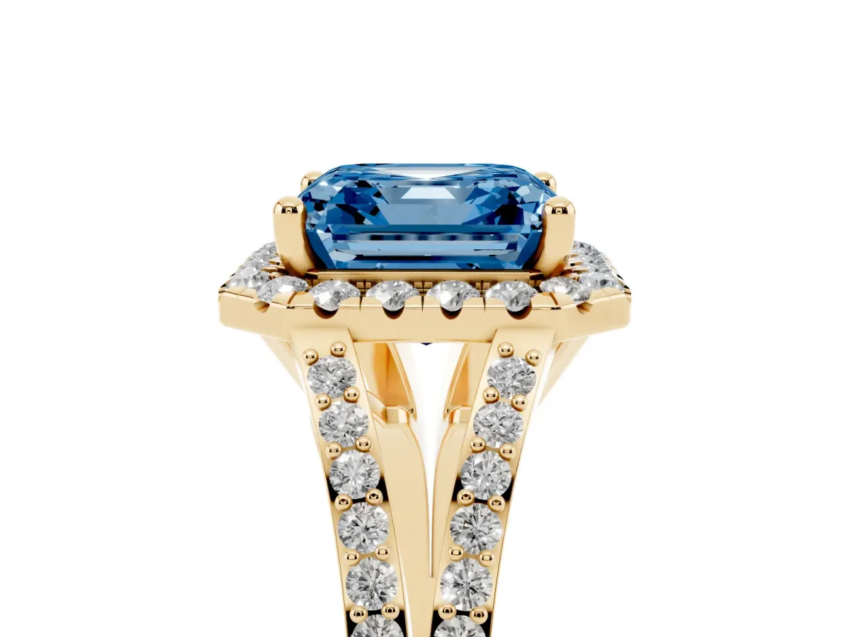 Fancy Blue Asscher Cut Halo Split Shank Diamond Ring with Prong Setting Yellow gold