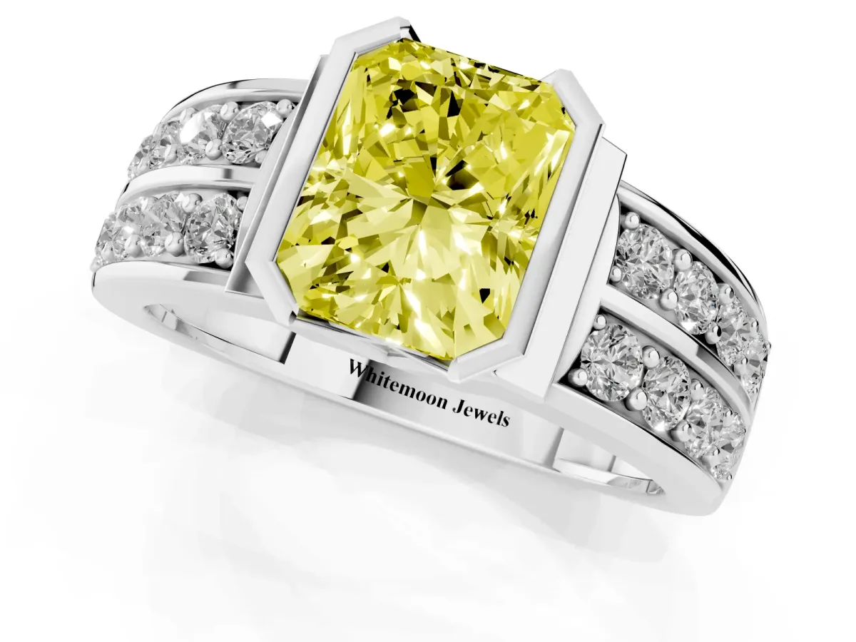 Fancy Yellow Radiant Cut Brilliant Diamond Channel Set Wide Band Ring with Bezel Setting Silver