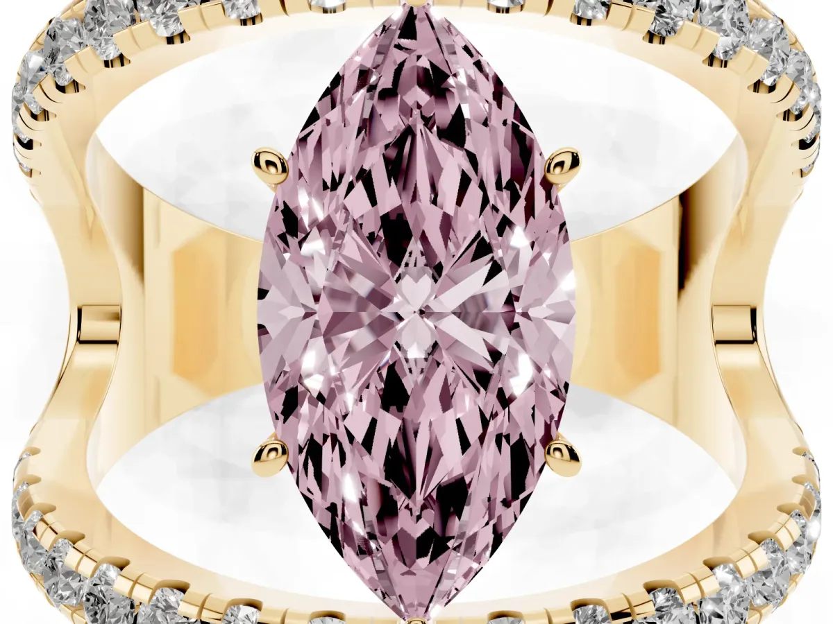 Fancy Pink Marquise Cut Solitaire Split Shank Pave Diamond Ring Yellow gold