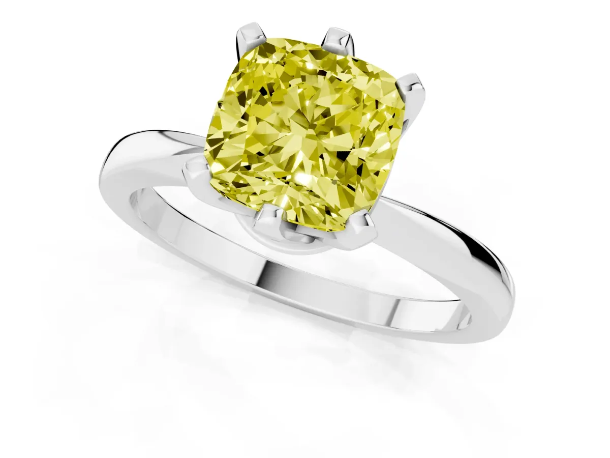 Fancy Yellow Cushion Cut Solitaire Engagement Ring with Six-Prong Setting and Tapered Band Platinum