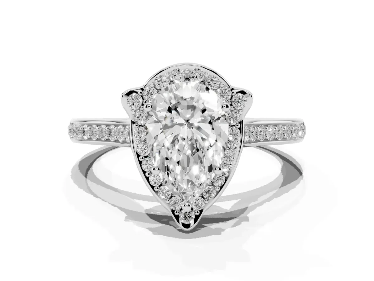 Pear Cut Halo Round Diamond Pave Band with Four-Prong Setting Silver
