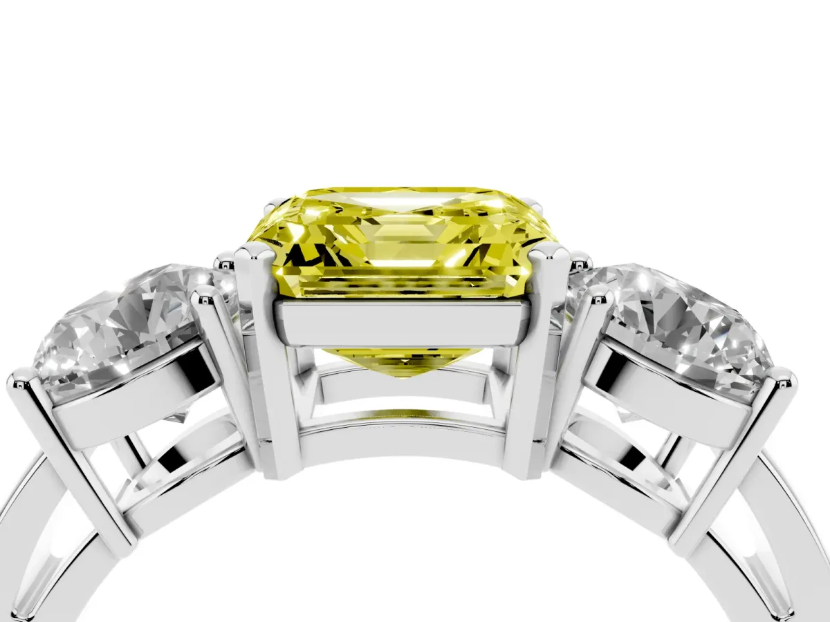 Fancy Yellow Three-Stone Asscher Cut Diamond Ring with Round Side Stones, Classic Band, and Four-Prong Setting White gold