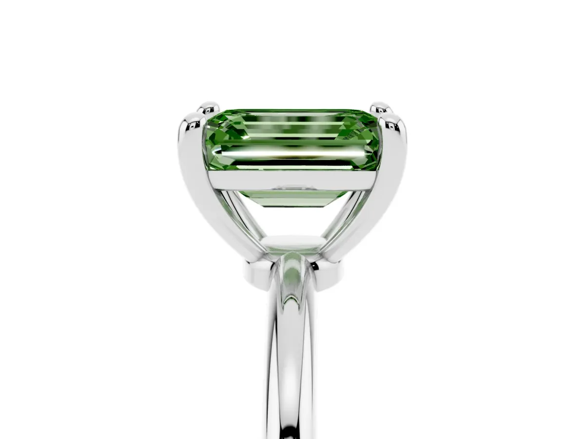 Fancy Green Emerald Cut Solitaire Diamond Ring with 4-Prong Setting on a Classic Band Platinum