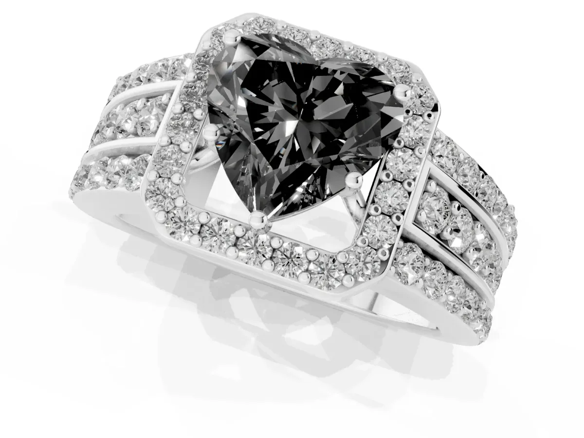 Fancy Black Heart Cut Halo Diamond Ring with Round Split Shank and Prong Setting Silver