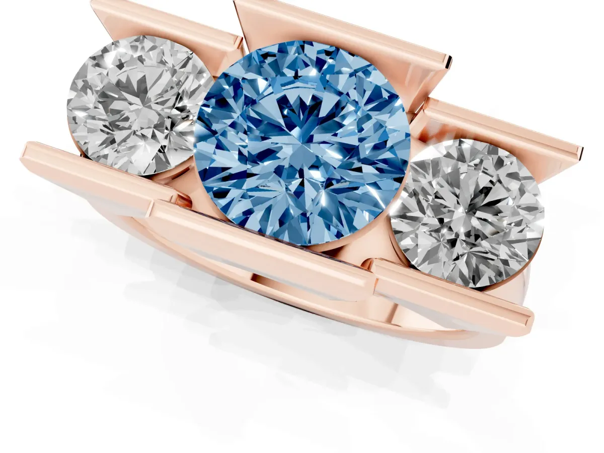 Fancy Blue Three Stone Round Cut Cut Channel Set Diamond Ring Rose gold