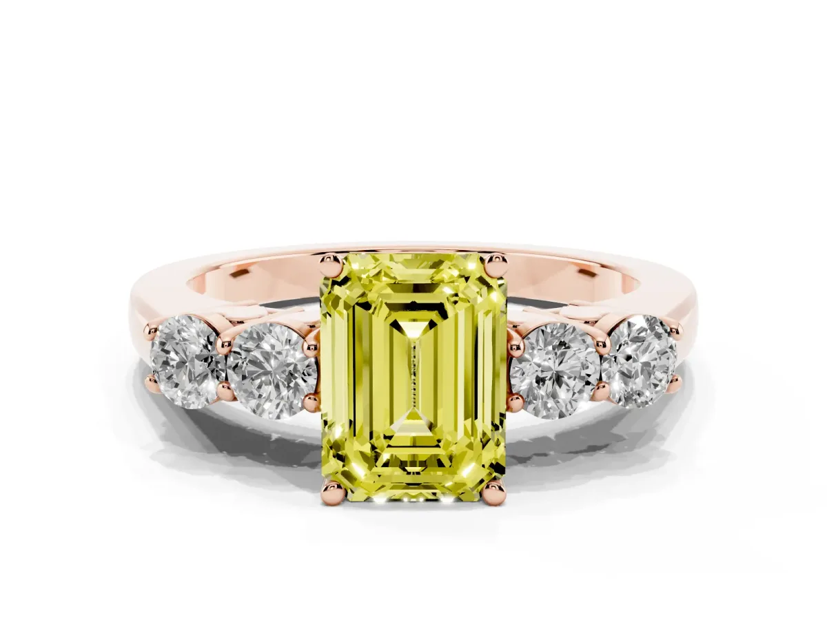 Fancy Yellow Emerald Cut Cut Diamond Five-Stone Prong Set White Gold Ring Rose gold