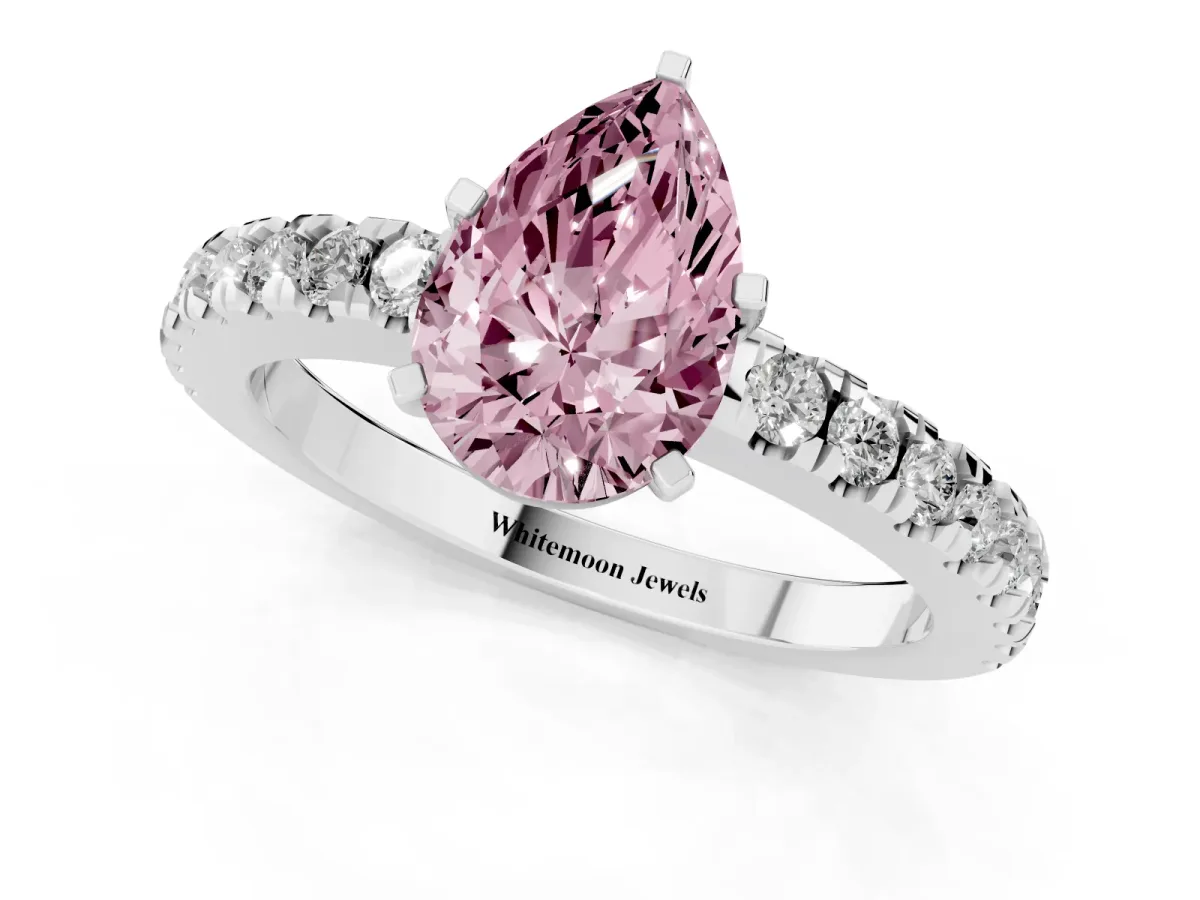 Fancy Pink Pear Cut Solitaire Diamond with Pavé Band and Four-Prong Setting Silver