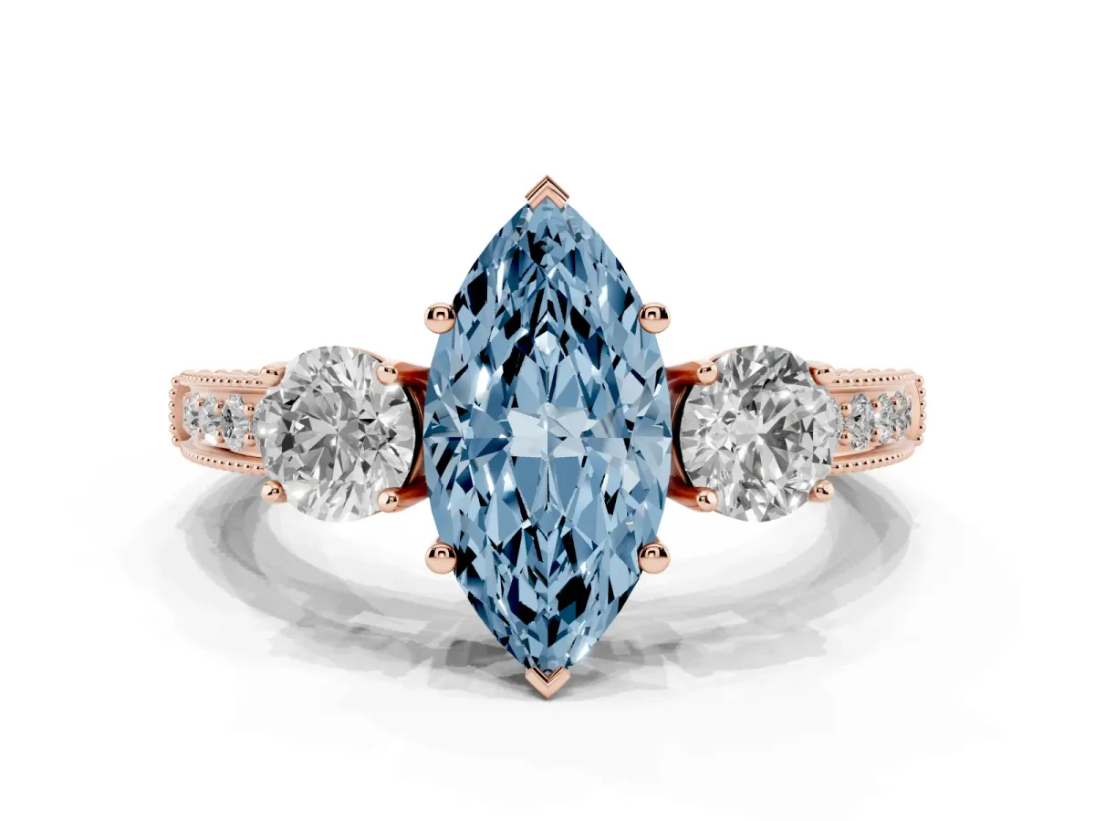 Fancy Blue Marquise Cut Three-Stone Diamond Ring with Pavé Band and Four-Prong Setting Rose gold