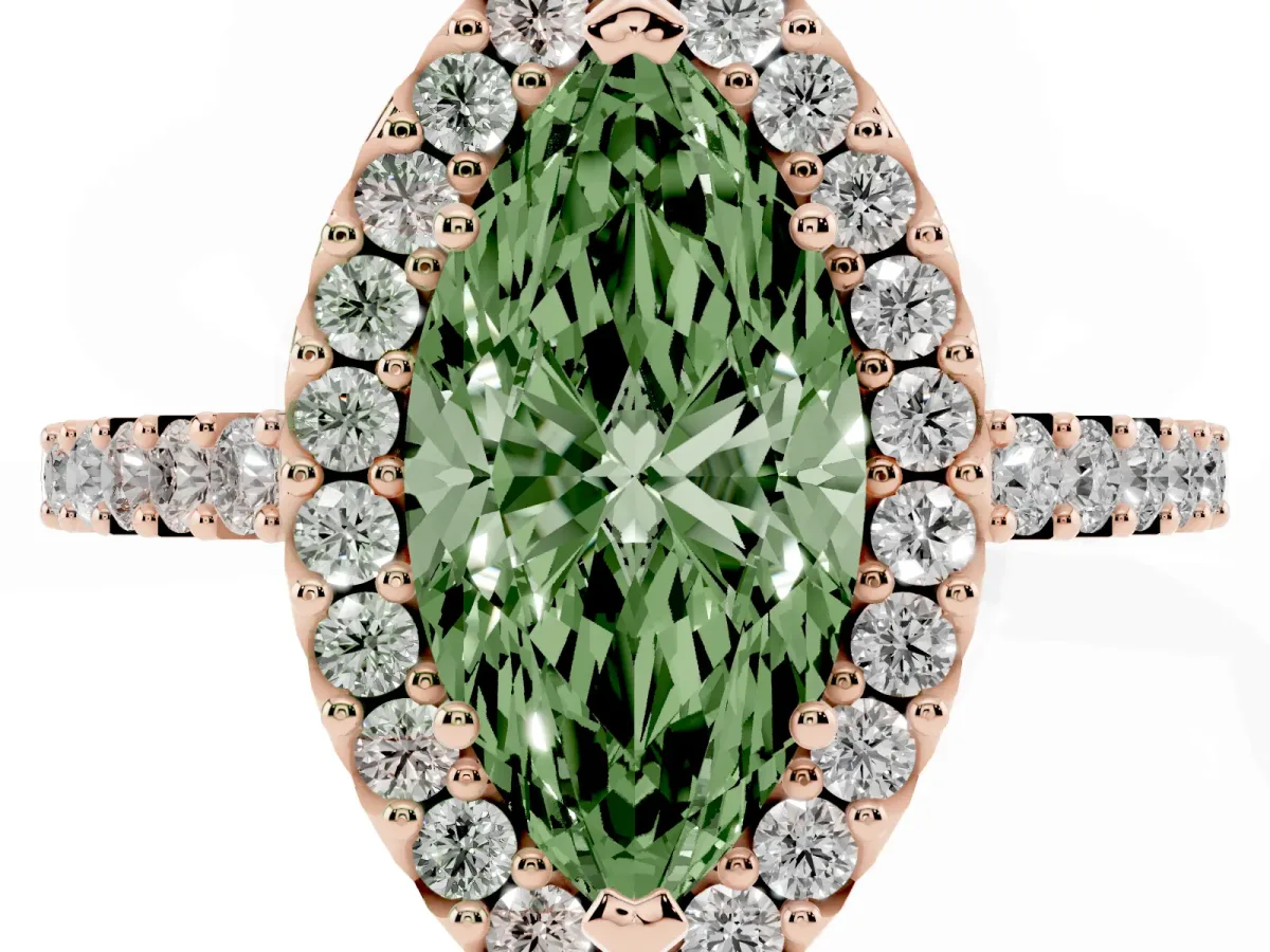 Fancy Green Marquise Cut Halo Diamond Pavé Solitaire Ring Rose gold