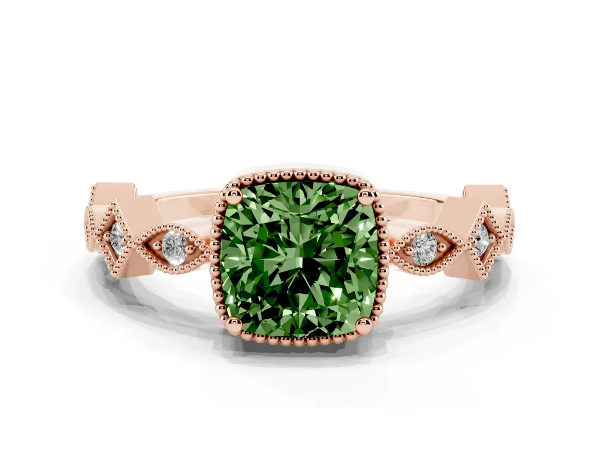 Fancy Green Cushion Cut Milgrain Marquise Diamond Twist Band Ring Rose gold