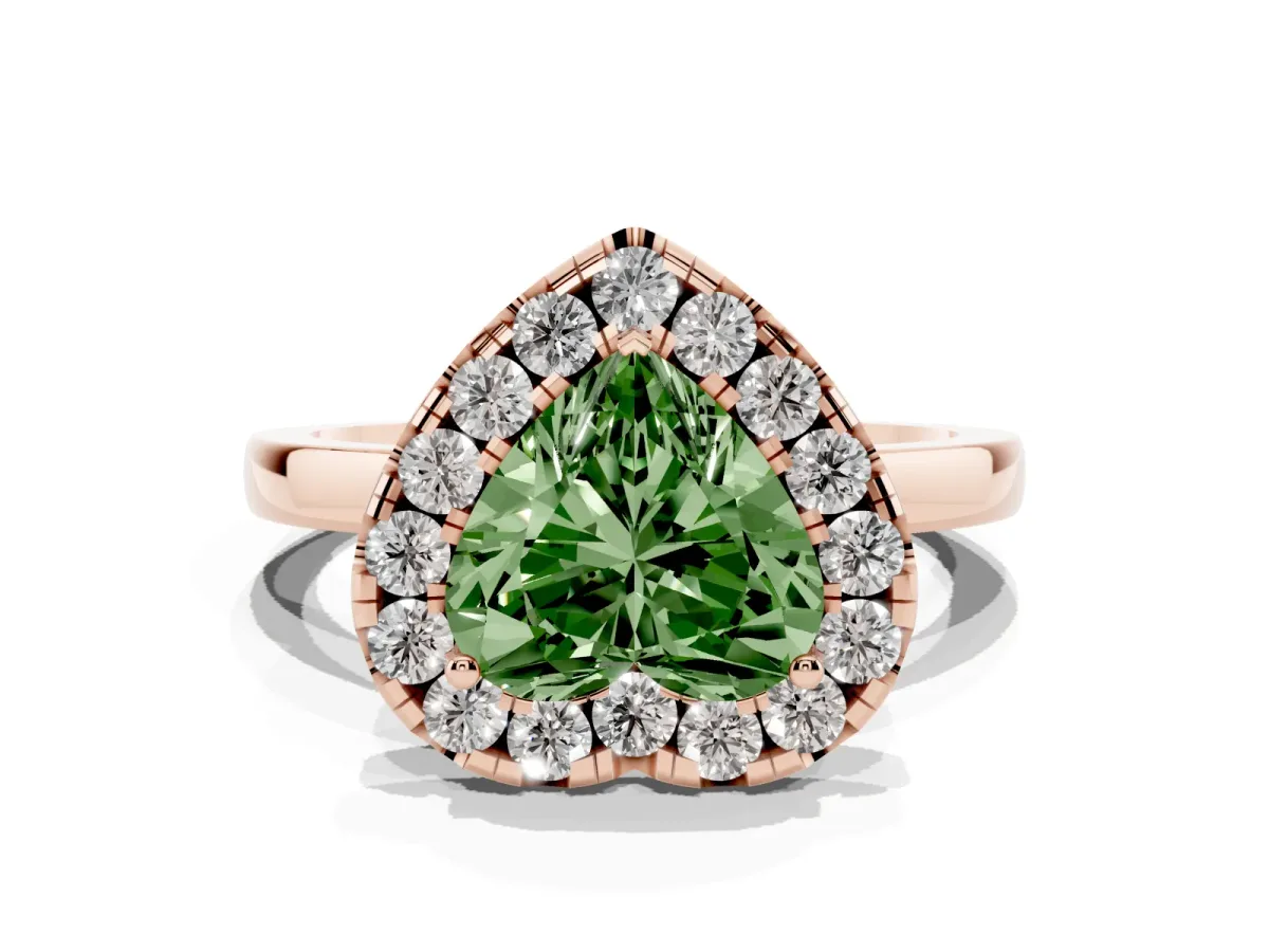Fancy Green Heart Cut Halo Diamond Solitaire with Pavé Band and Four-Prong Setting Rose gold