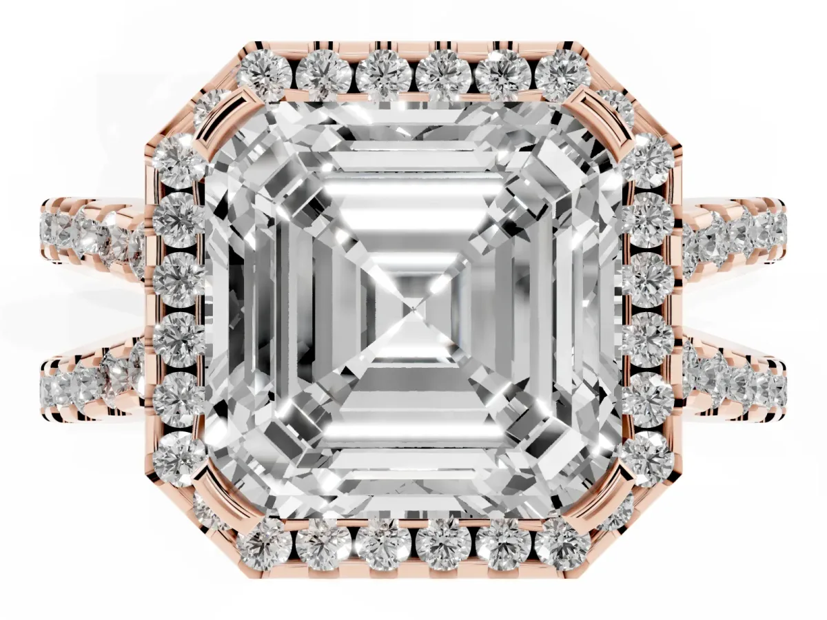 Asscher Cut Diamond Halo Ring with Split Shank Pavé Band and Prong Setting Rose gold