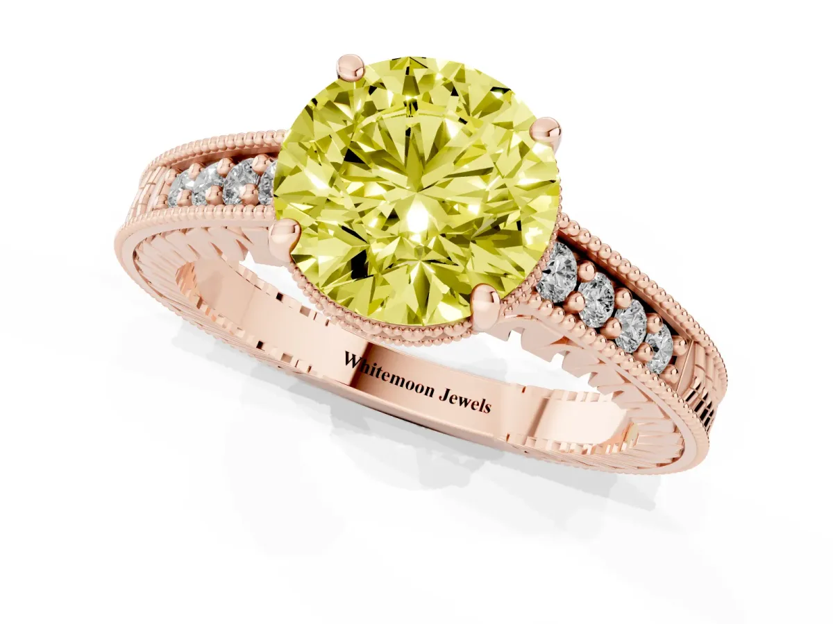 Fancy Yellow Round Cut Solitaire Pavé Diamond Milgrain Engagement Ring with Four-Prong Setting Rose gold