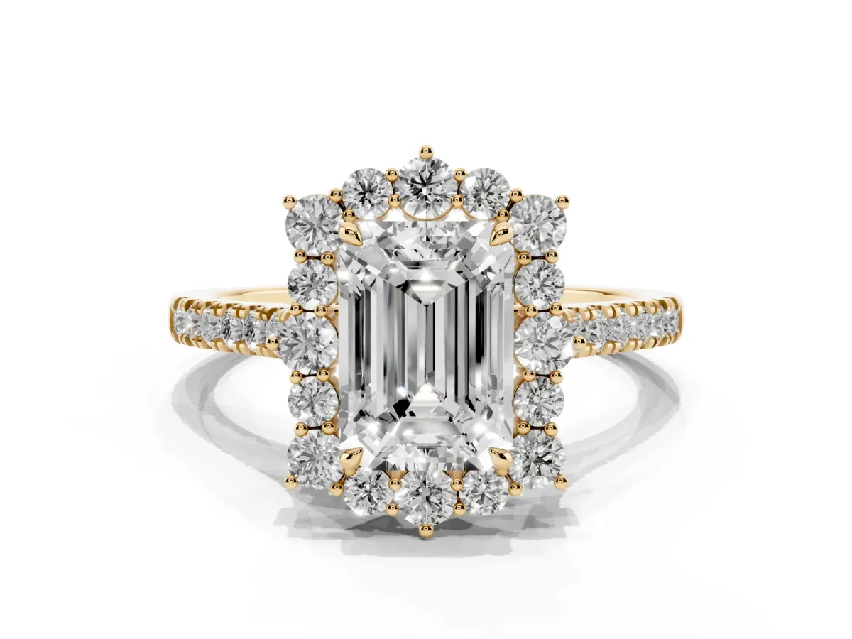Emerald Cut Halo Diamond Ring with Pavé Band and Prong Setting Yellow gold