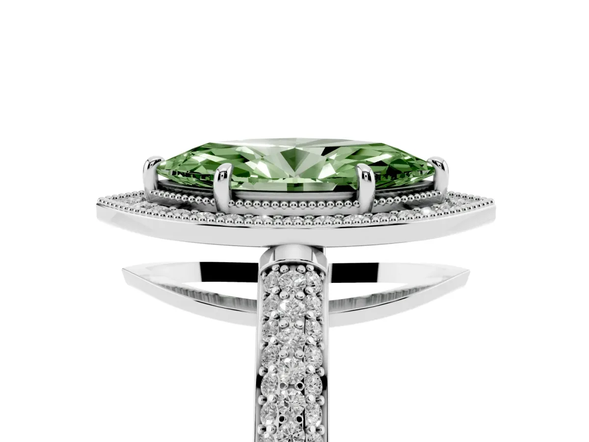Fancy Green Marquise Cut Cut Halo Diamond Pave Band with Four-Prong Setting Silver