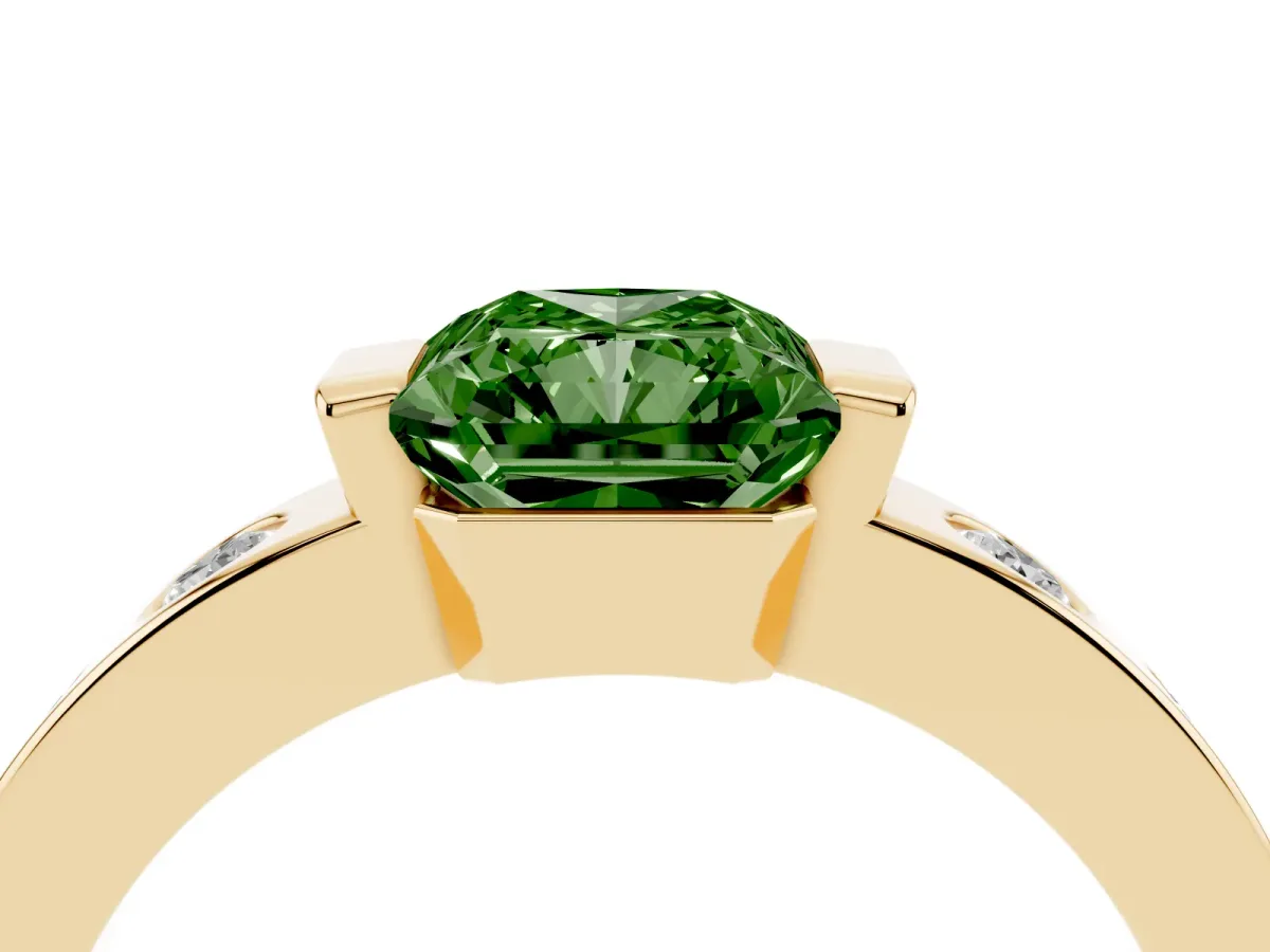 Fancy Green Radiant Cut Brilliant Channel-Set Diamond Ring with Bezel Prong Setting Yellow gold
