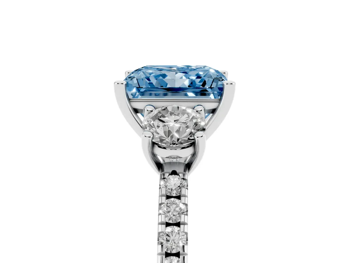 Fancy Blue Three-Stone Princess Cut Cut Diamond Pavé Band with Prong Setting Silver
