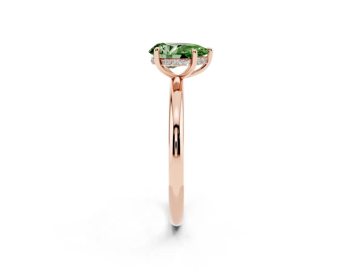 Fancy Green Pear Cut Diamond Solitaire Ring with Thin Band and Four-Prong Setting Rose gold