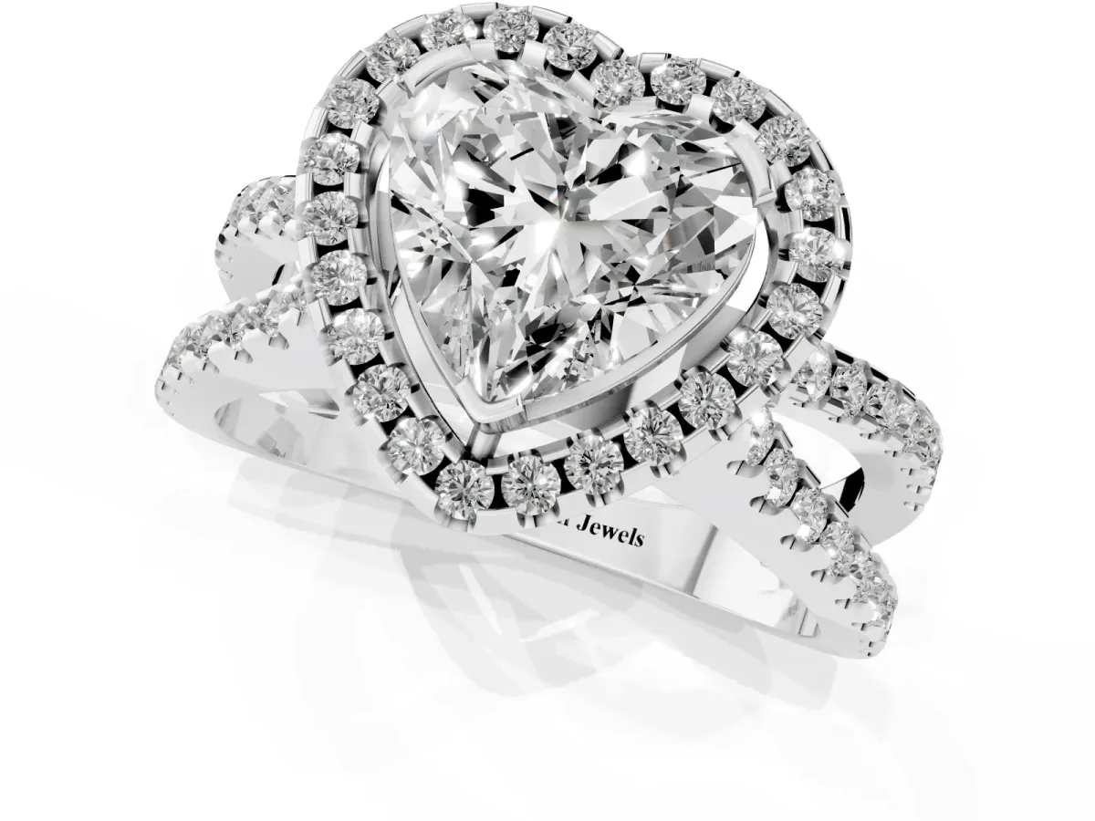Heart Cut Diamond Halo Ring with Split Shank Pavé Band and Prong Setting Silver