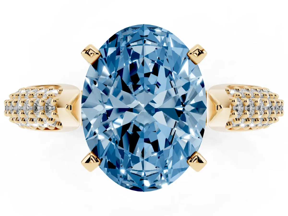 Fancy Blue Oval Cut Diamond Solitaire Engagement Ring with Multi-Row Round Pavé Band and Prong Setting Yellow gold