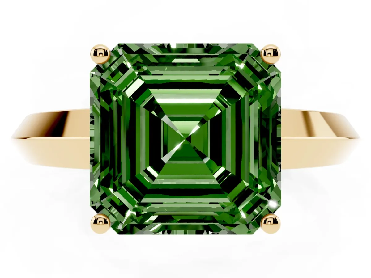 Fancy Green Asscher Cut Cut Solitaire Engagement Ring with Flat Band and Four-Prong Setting Yellow gold