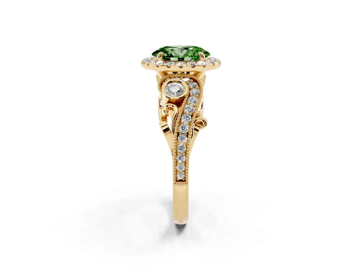 Fancy Green Oval Cut Halo Diamond Ring with Milgrain and Bezel Accents on a Split Shank Band Yellow gold