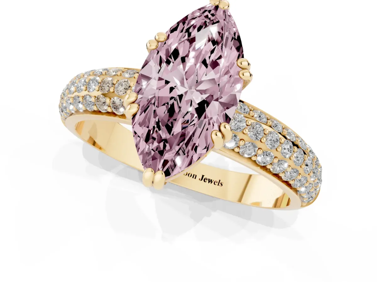 Fancy Pink Marquise Cut Diamond Solitaire Ring with Multi-Row Round Pavé Band and Prong Setting Yellow gold