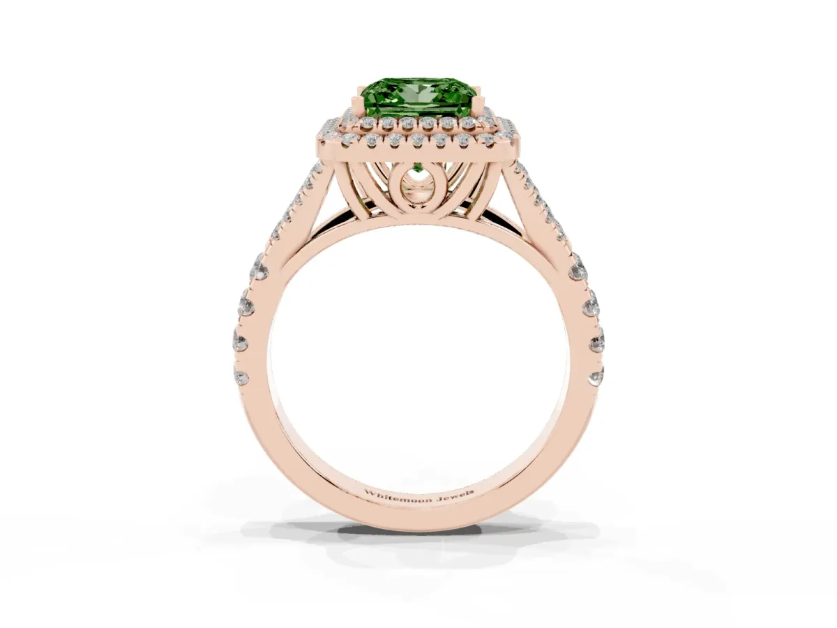 Fancy Green Princess Cut Diamond Pavé Split Shank Double Halo Engagement Ring Rose gold