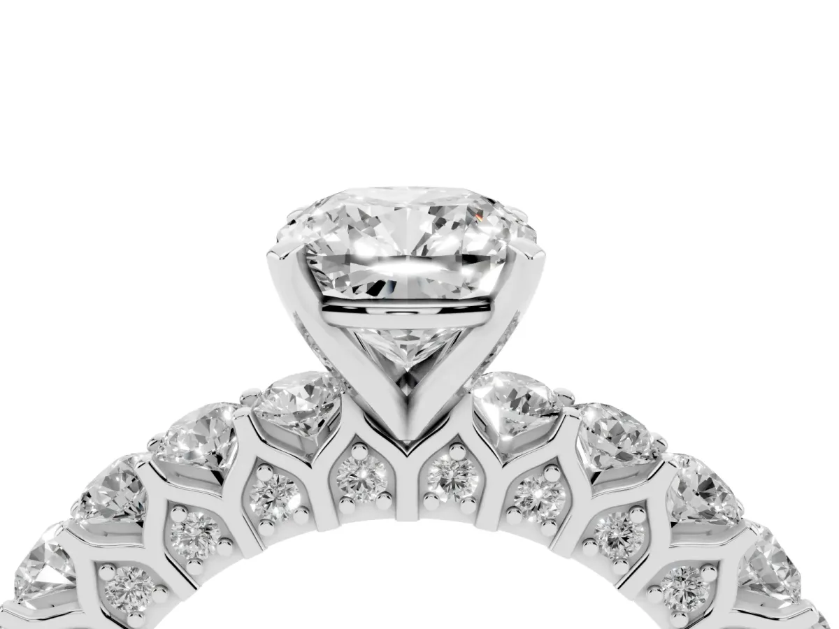 Cushion Cut Diamond Solitaire Ring with Shared Prong Pavé Band and Four-Prong Setting Silver