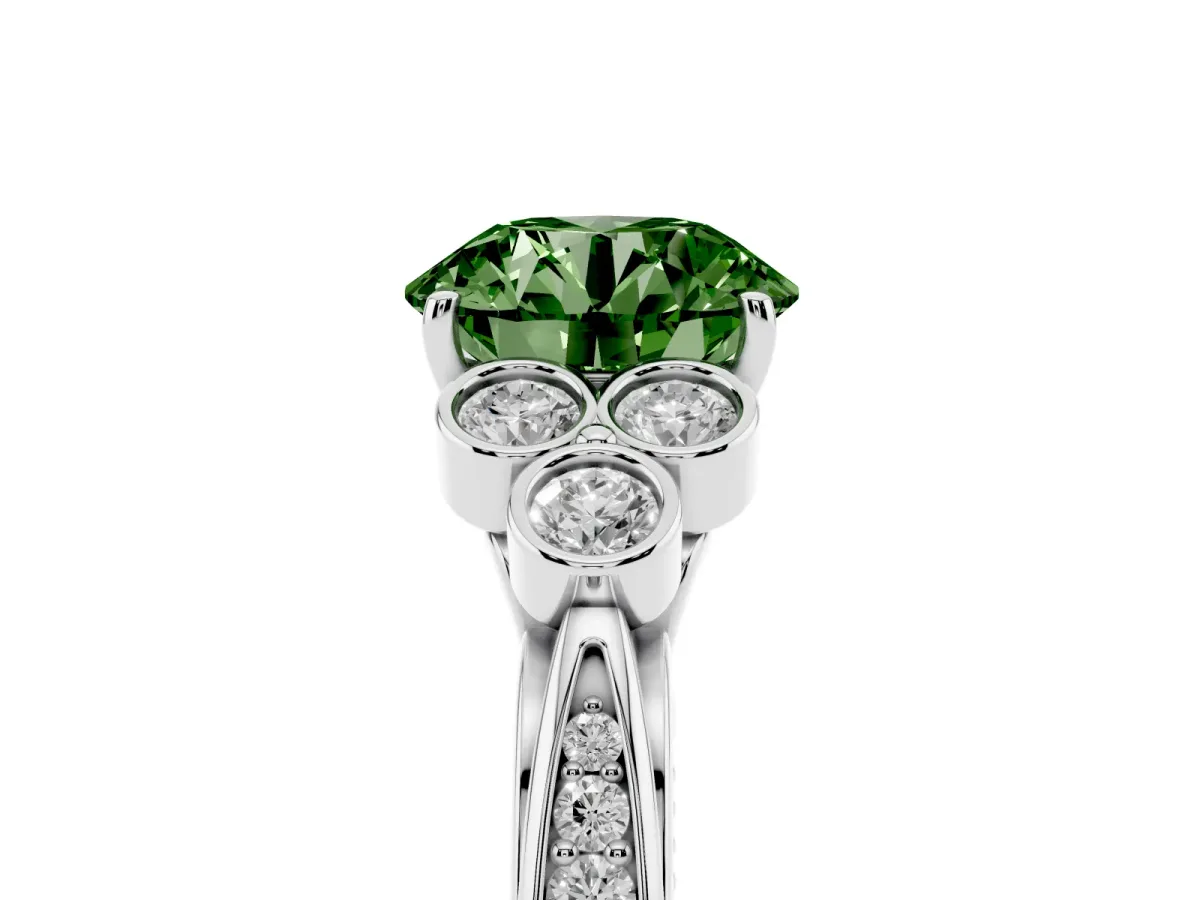 Fancy Green Round Cut Cut Diamond Engagement Ring with Bezel Set Round Side Stones and Prong Setting Platinum