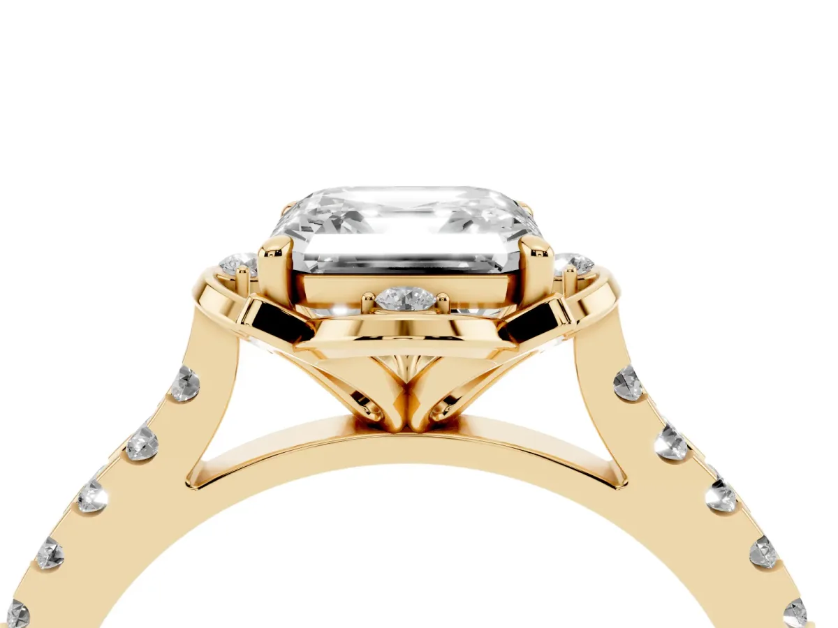 Asscher Cut Diamond Ring with Pavé Band and Floral Prong Setting Yellow gold