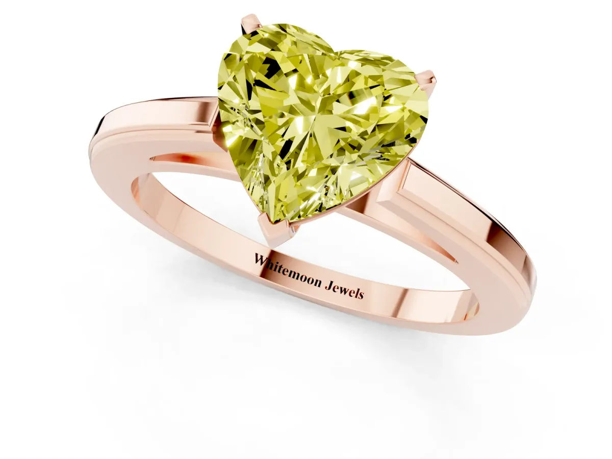 Fancy Yellow Heart Cut Solitaire Diamond Ring with Four-Prong Setting and Classic Band Rose gold