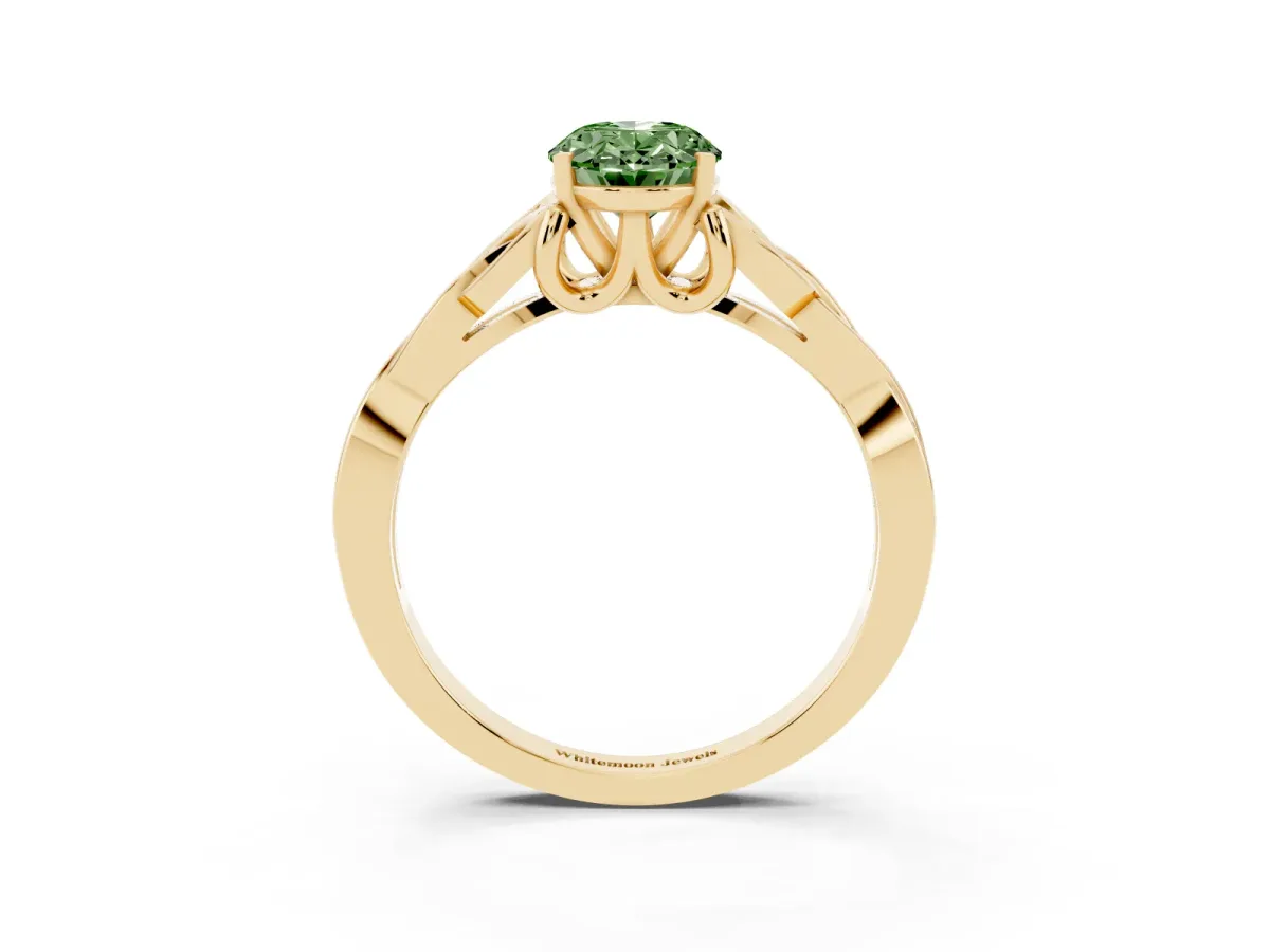 Fancy Green Oval Cut Diamond Solitaire Engagement Ring with Celtic Knot Band and Four-Prong Setting Yellow gold