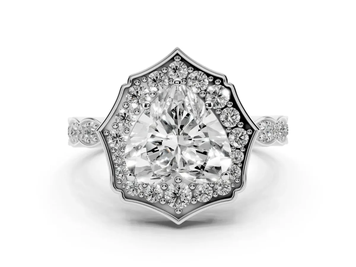 Heart Cut Halo Diamond Engagement Ring with Milgrain Band and Four-Prong Setting White gold