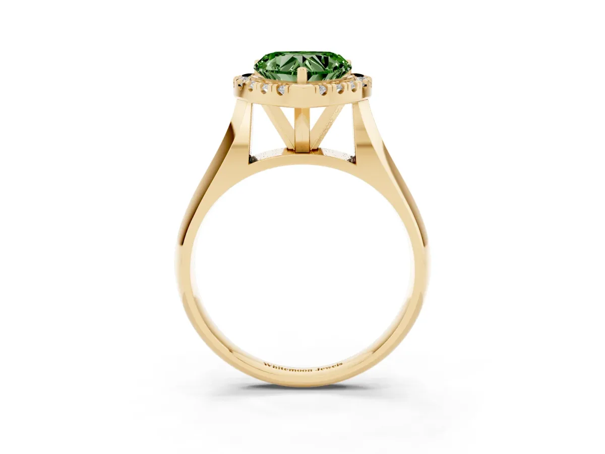 Fancy Green Heart Cut Cut Halo Solitaire Engagement Ring with Square Band and Four-Prong Setting Yellow gold