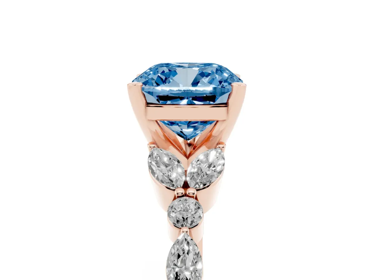 Fancy Blue Cushion Cut Diamond Solitaire Ring with Side Stones and Four-Prong Setting Rose gold