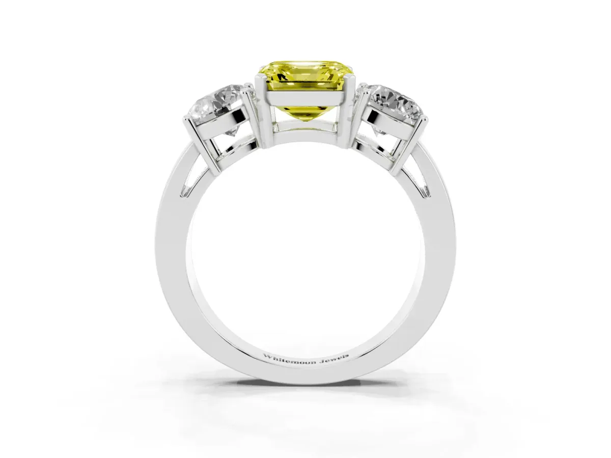 Fancy Yellow Three-Stone Asscher Cut Diamond Ring with Round Side Stones, Classic Band, and Four-Prong Setting White gold