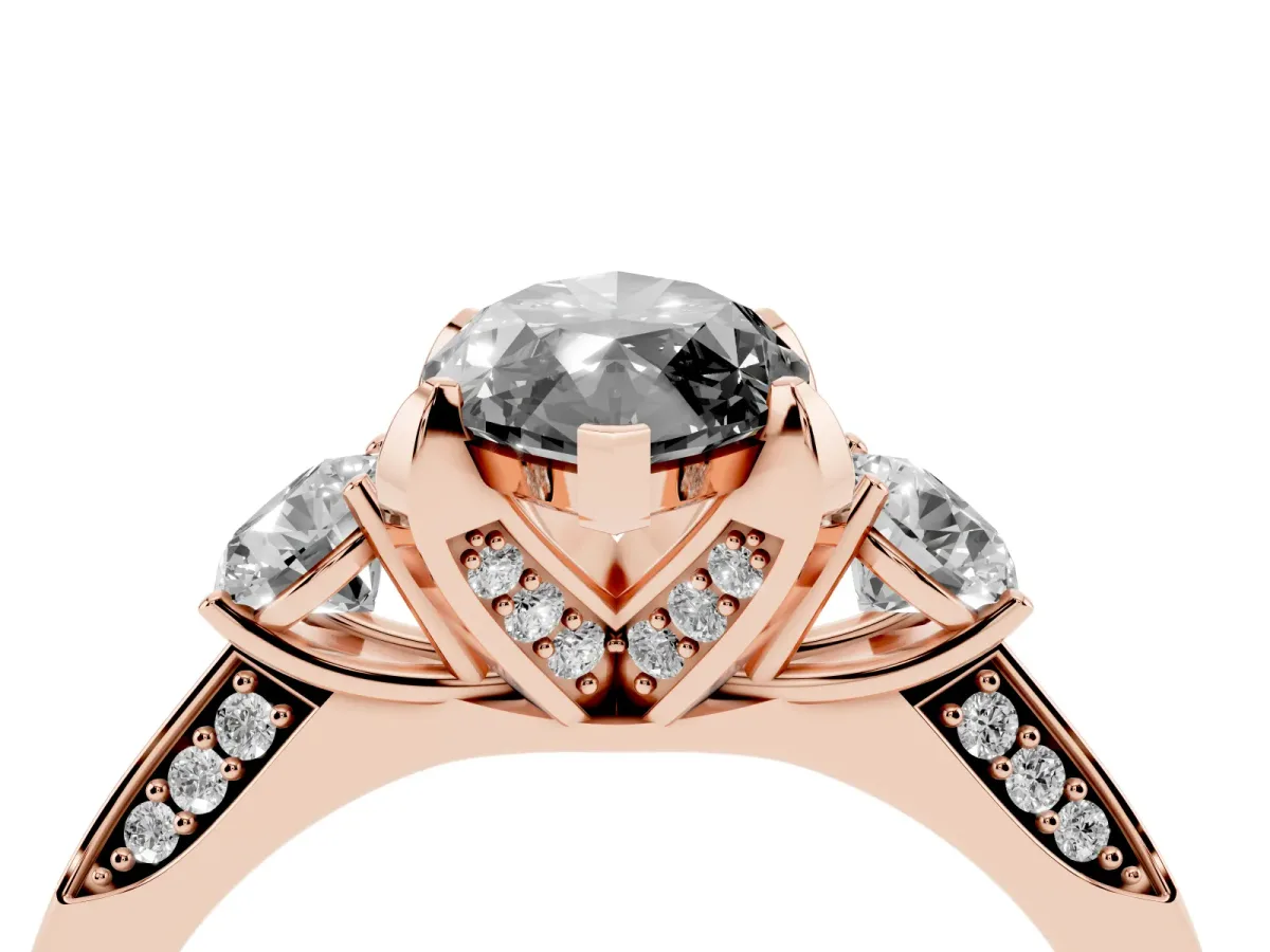 Fancy Black Marquise Cut Brilliant Three-Stone Diamond Ring with Pavé Band and Four-Prong Setting Rose gold