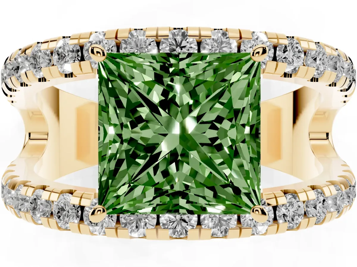 Fancy Green Princess Cut Solitaire Split Shank Pave Diamond Ring Yellow gold