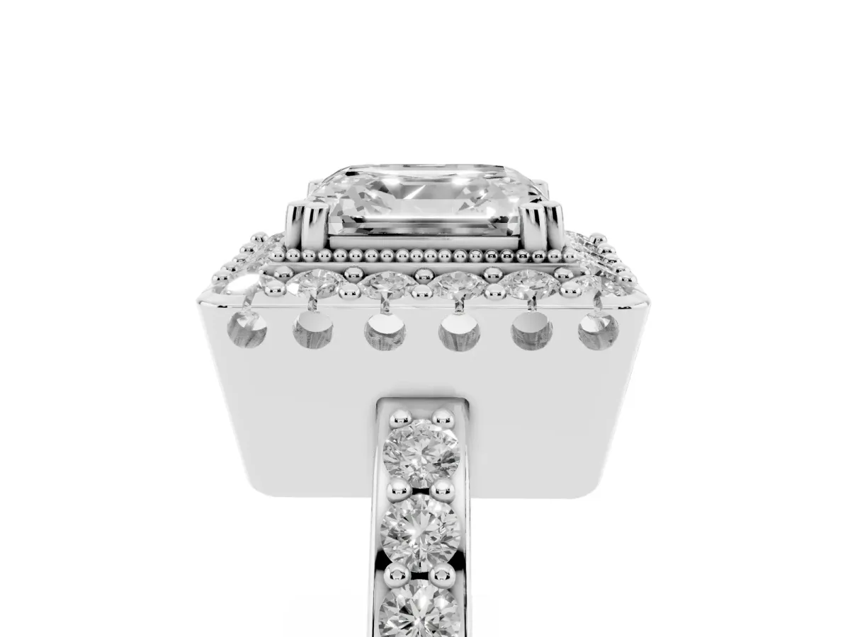Asscher Cut Diamond Halo Ring with Pavé Band and Prong Setting Silver