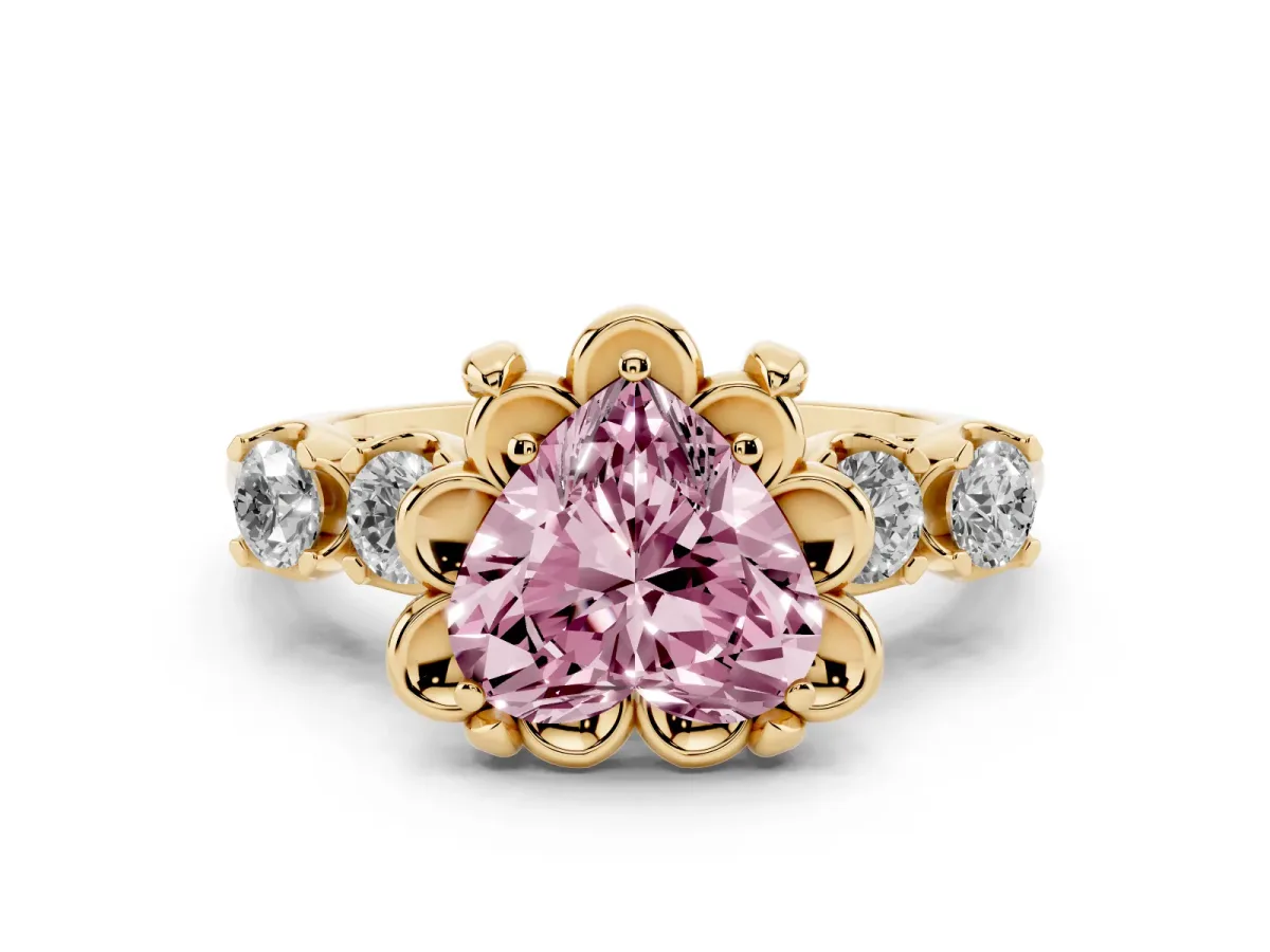 Fancy Pink Heart Cut Cut Diamond Floral Halo Engagement Ring with Shared Prong Setting Yellow gold