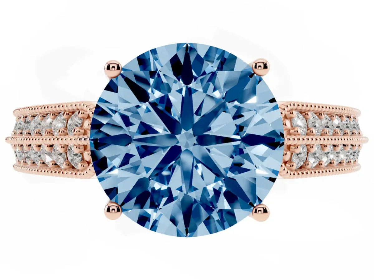 Fancy Blue Round Cut Cut Pave Split Shank Engagement Ring with Four-Prong Setting Rose gold