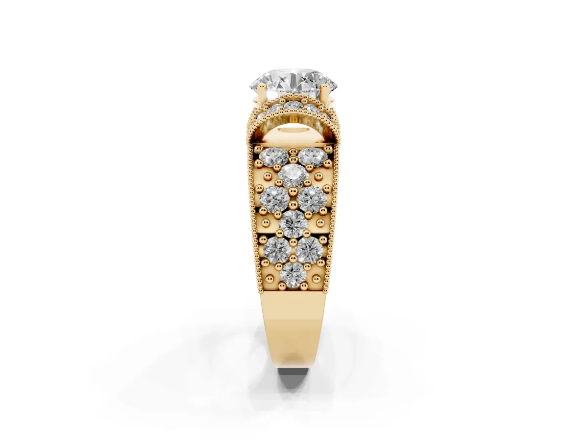 Round Cut Halo Pave Diamond Engagement Ring with Milgrain Detailing Yellow gold