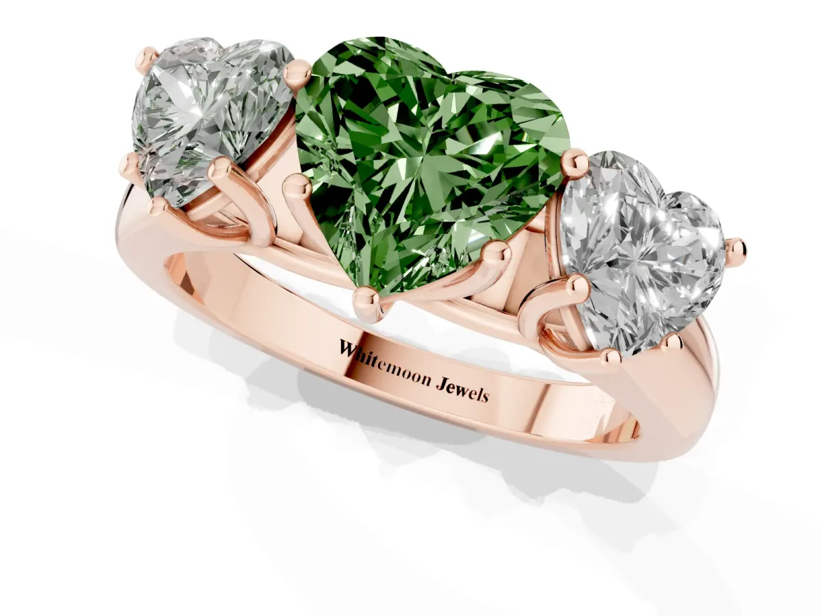 Fancy Green Heart Cut Three-Stone Diamond Ring with Prong Setting on a Classic Band Rose gold