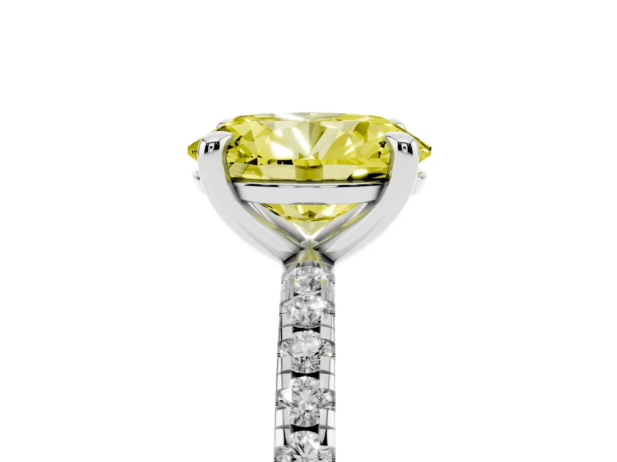 Fancy Yellow Oval Cut Diamond Brilliant Solitaire Ring with Pavé Band and Four-Prong Setting Silver