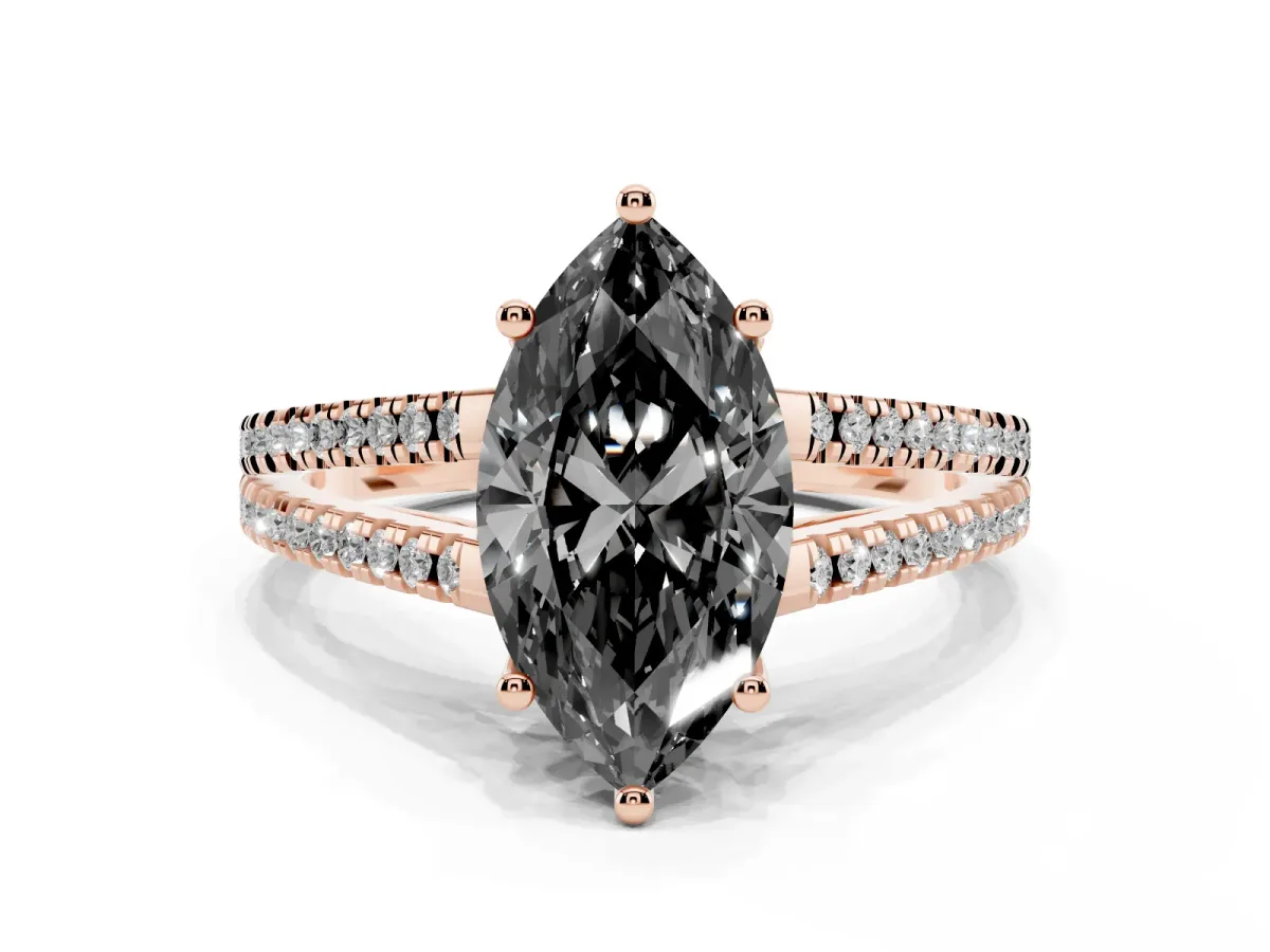 Fancy Black Marquise Cut Diamond Solitaire Engagement Ring with Split Shank Pavé Band Rose gold