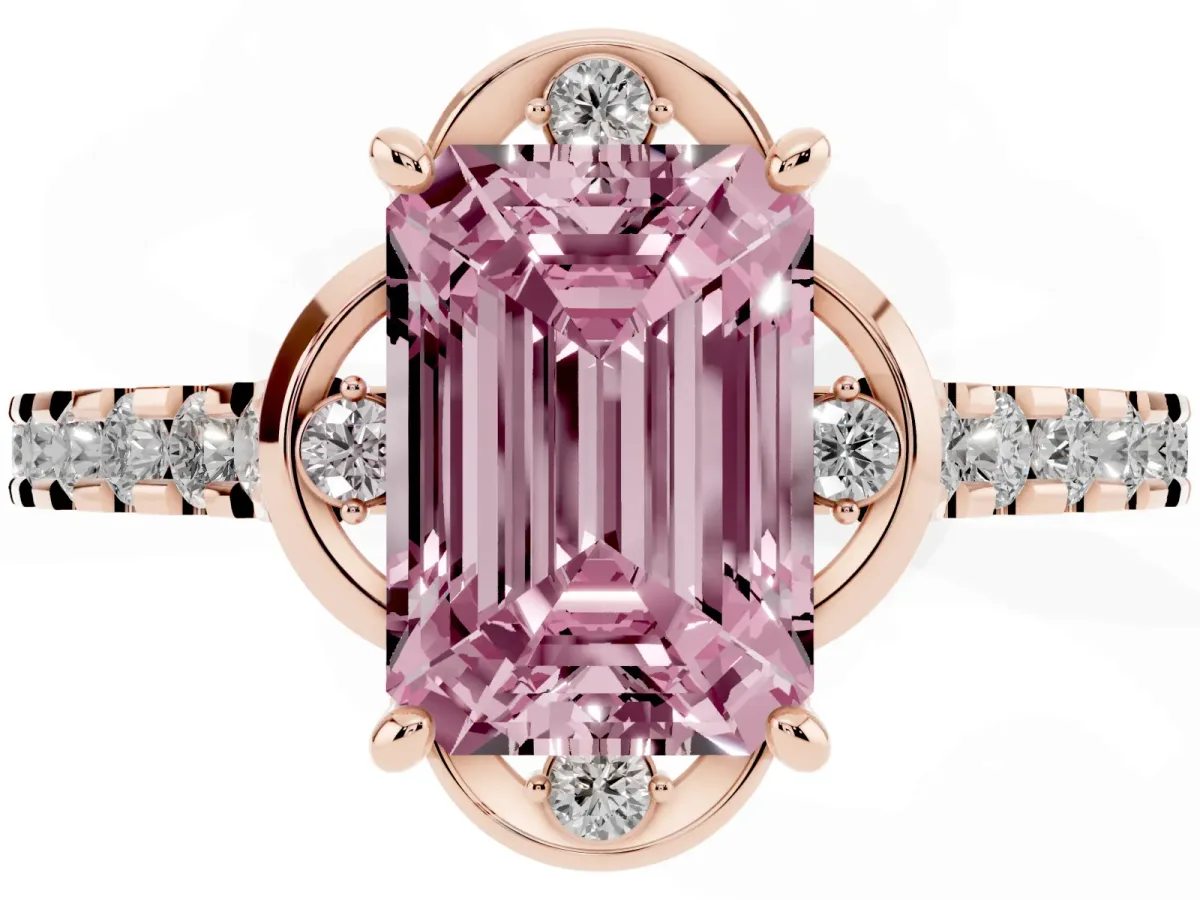 Fancy Pink Emerald Cut Diamond Ring with Pavé Band and Floral Prong Setting Rose gold