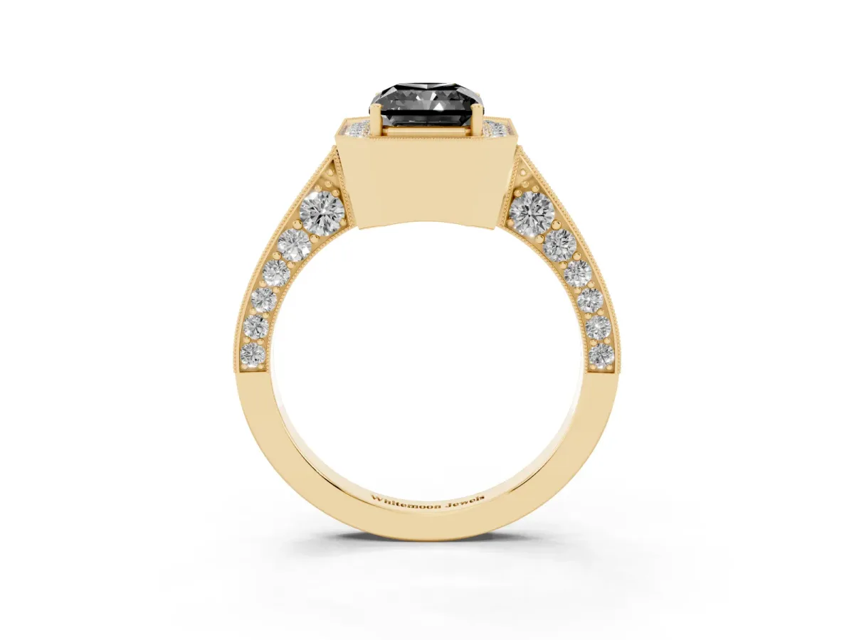 Fancy Black Radiant Cut Halo Diamond Engagement Ring with Split Shank Band and Four-Prong Setting Yellow gold