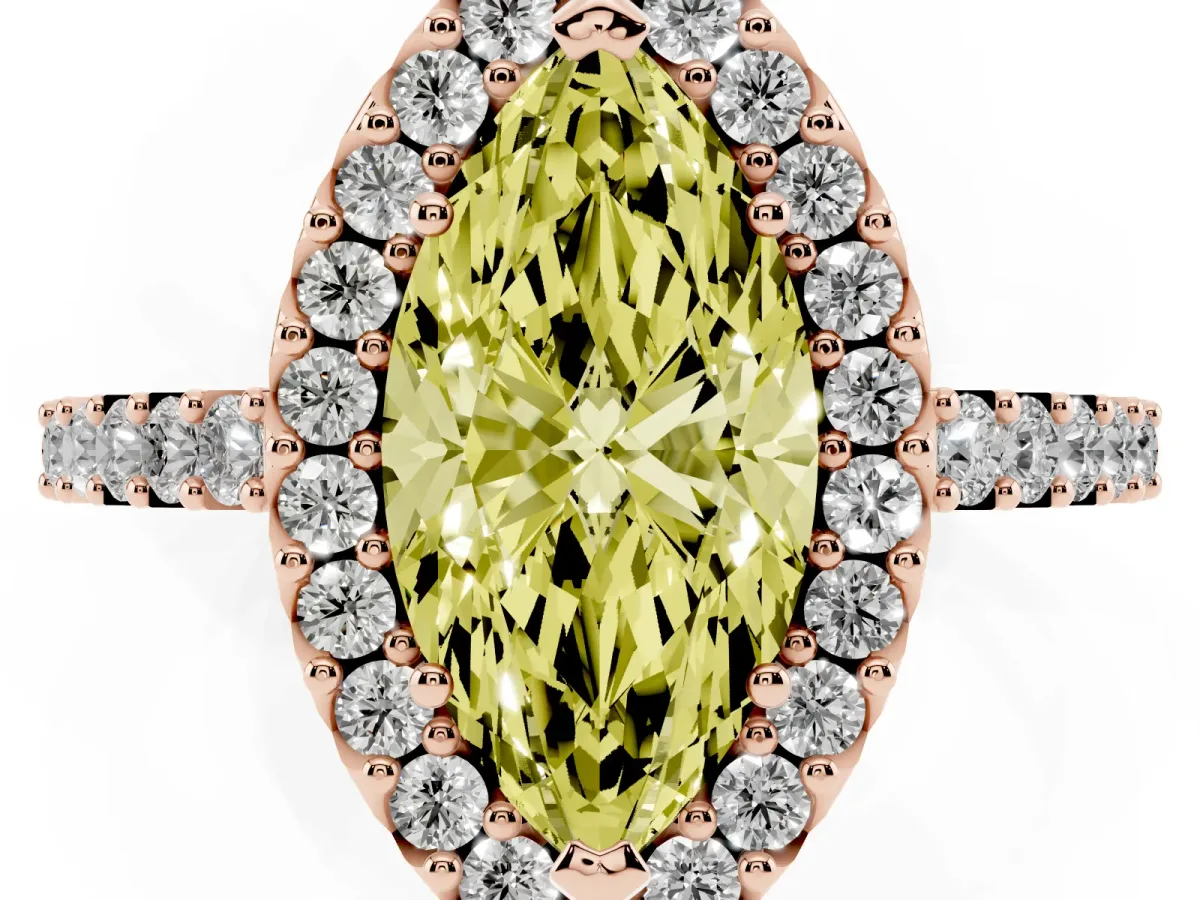 Fancy Yellow Marquise Cut Halo Diamond Pavé Solitaire Ring Rose gold